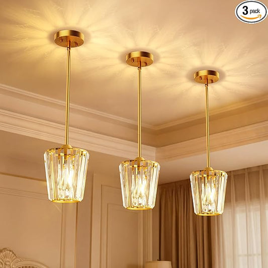 3 Pack Crystal Pendant Lights Kitchen Island - Modern Gold Pendant Light Mini Adjustable Hanging Pendant Lights for Kitchen Island Dining Room Foyer Hallway