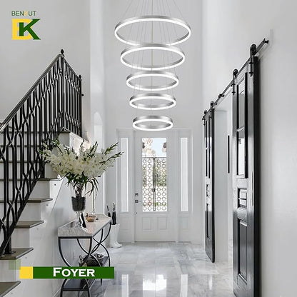 Benkut 5-Rings Modern LED Chandelier Silver High Ceiling Chandelier with Remote Control Dimmable Pendant Lighting for Dining Room Foyer Living Room Entryway Staircase(3000K-6500K, D23.6in)