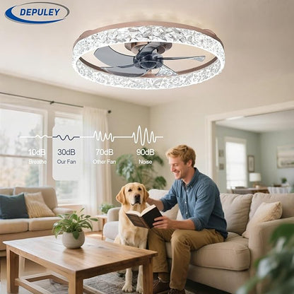 Depuley Bedroom Ceiling Fans with Lights: 20" Modern Low Profile Flush Mount Bladeless Ceiling Fan with App Remote Control - Brown Fandelier for Living Room Kitchen Dimmable Quiet DC Motor