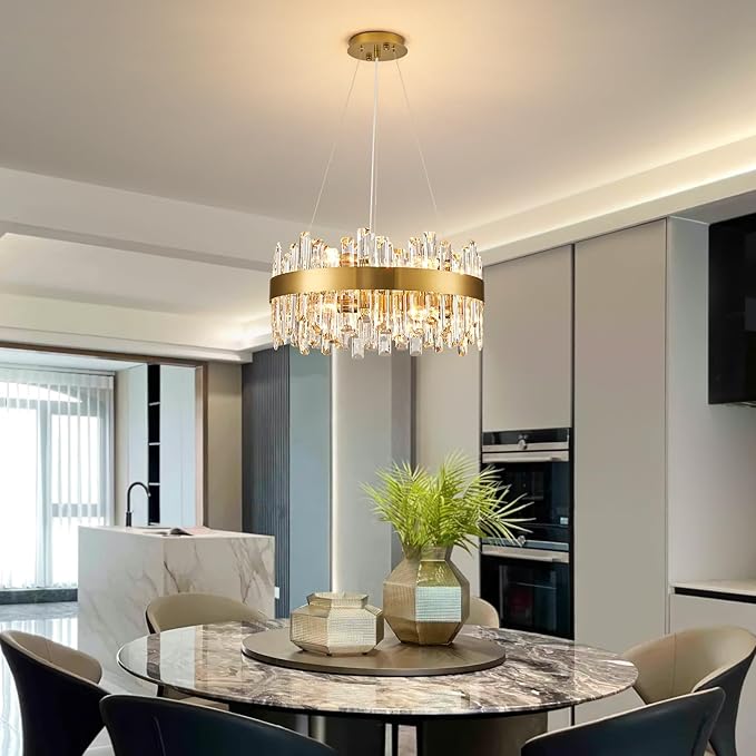 Siljoy Modern Gold Round Crystal Chandelier, 12-Light Luxury 2-Tiers K9 Crystal Raindrop Chandelier, Dimmable Crystal Ceiling Light for Dining Room Living Room Bedroom Foyer D19.7''