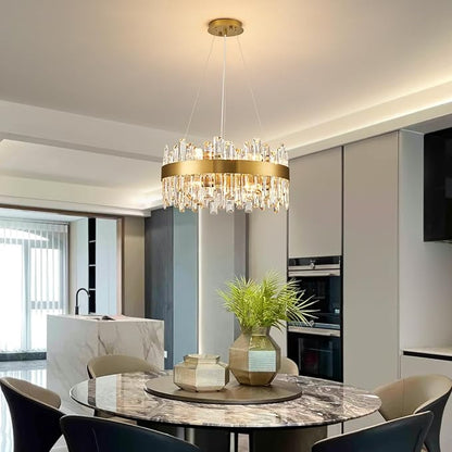 Siljoy Modern Gold Round Crystal Chandelier, 12-Light Luxury 2-Tiers K9 Crystal Raindrop Chandelier, Dimmable Crystal Ceiling Light for Dining Room Living Room Bedroom Foyer D19.7''