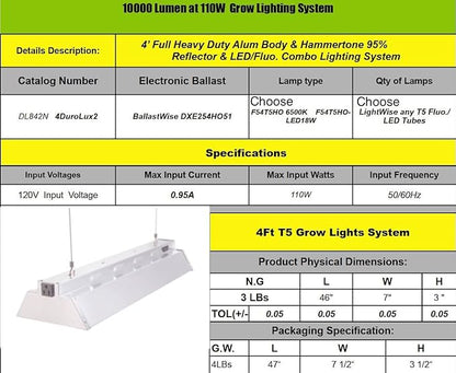 Durolux DL842N T5 4-foot 2 Fluorescent Lamps Grow Lighting System with 10000 Lumens and 6500K Full Sunlight Spectrum and Low Profile 7" Wide Reflector