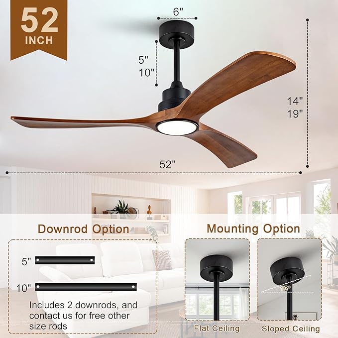 52 inch Ceiling Fans with Lights and Remote Control,Wall Switch,Solid Wood Blades,Dimmable,Reversible Noiseless,Power Off Memory Modern Black Ceiling Fan for Bedroom Patio Indoor/Outdoor Use