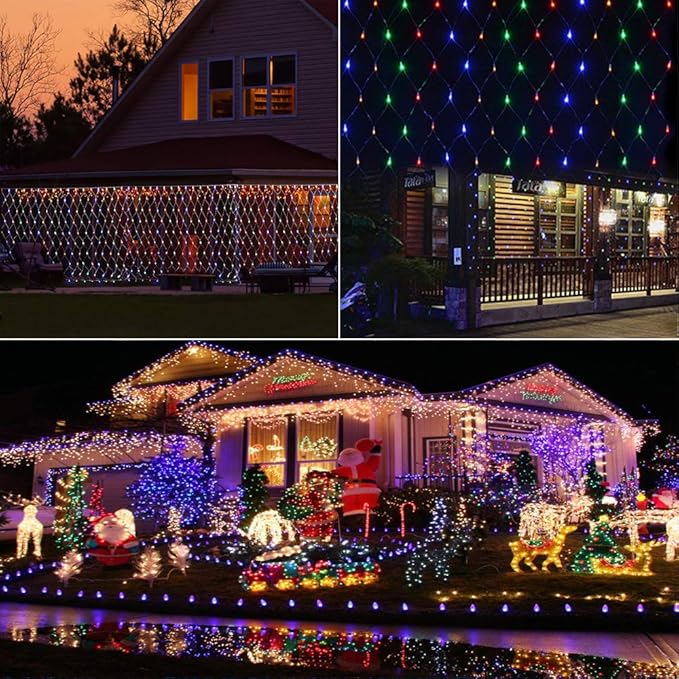 LYHOPE 12ft x 5ft 360 LED Christmas Net Lights, 8 Modes Low Voltage Mesh Christmas Decorative Lights for Xmas Trees, Bushes, Wedding, Garden, Outdoor, Indoor Decor (Multi-Color)