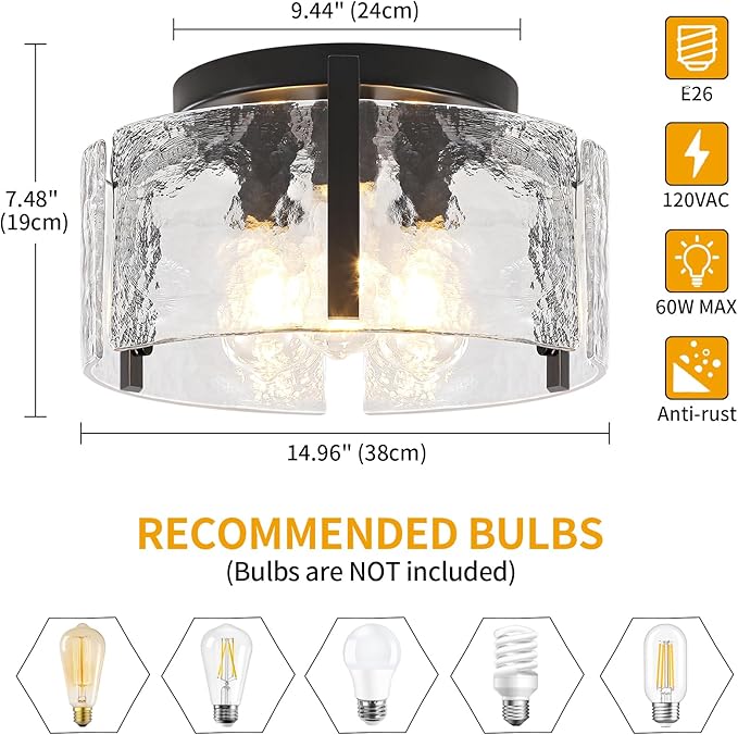 15'' Modern Black Semi Flush Mount Ceiling Light, Hallway Light Fixtures, 3-Light Glass Ceiling Lights for Entryway Kitchen Island Dining Room Foyer Bedroom Laundry Room Bathroom Lighting Fixtures