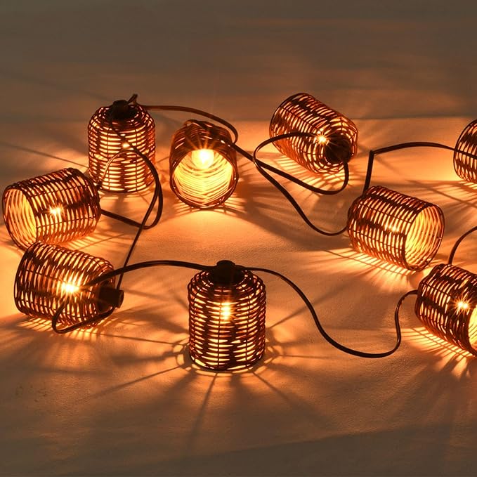 Natural Rattan String Lights, 10 Rustic Raffia Cage, 13 Ft Plug in & Connectable Wicker Lights,Natural Color Rattan