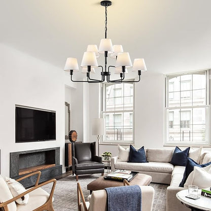Farmhouse Chandeliers for Dining Room with White Fabric Shades,33”Black Light Fixture Chandelier,9-Lights entryway chandelier for foyer,2 Tiered Lantern Farmhouse Pendant Light for Living Room,Kitchen