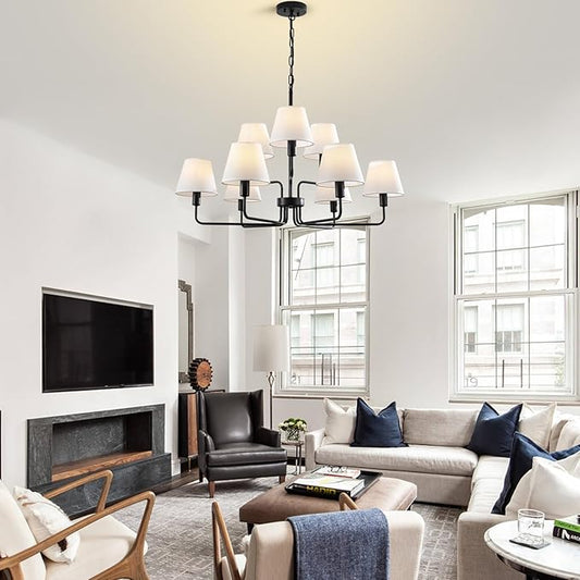Farmhouse Chandeliers for Dining Room with White Fabric Shades,33”Black Light Fixture Chandelier,9-Lights entryway chandelier for foyer,2 Tiered Lantern Farmhouse Pendant Light for Living Room,Kitchen