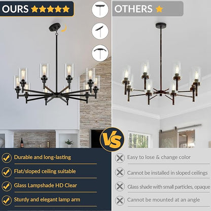 10 Light Large Black Farmhouse Chandelier | Rustic Chandeliers for Dining Room Light Fixture | Industrial Hanging Lighting with Clear Glass Cover for Living Room | Foyer | Staircase | Villa