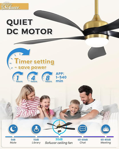 Sofucor 52" Smart Ceiling Fan, Indoor/Outdoor Ceiling Fans with Lights and Remote, Compatible with Alexa/Google/App, 3-Color Light 6-Speed Timing Reversible DC Motor for Bedroom Living Room Patio