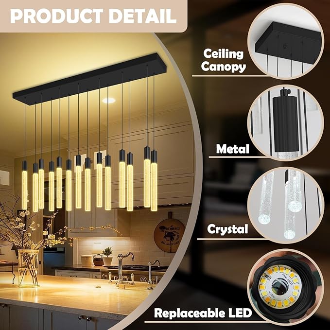 Modern Rectangular Crystal Chandelier Led 14-Light Black Crystal Column Chandelier for Staircase, Living Room, Foyer, Hallway
