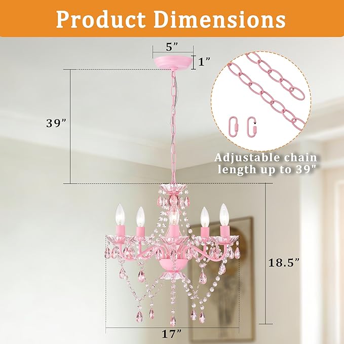 Small Pink Chandelier for Girls Room 5 Light Pink Acrylic Crystal Chandeliers Small Kids Chandelier for Bedroom
