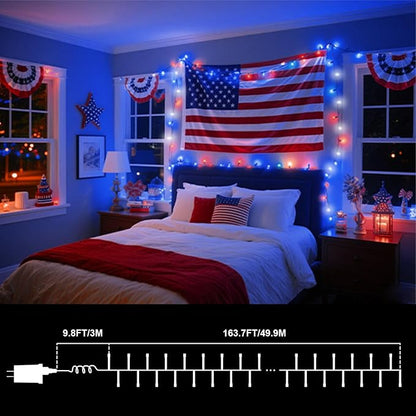 LAMPHOME 165ft 500 LED Red White and Blue Patriotic String Lights, 16 Modes Red White Blue Lights Plug in, 4th of July Lights Outdoor for Independence Day Memorial Day 4th of July Decoration