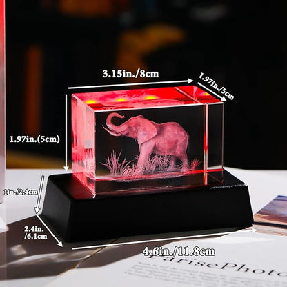 YWHL 3D Crystal Elephant Figurine With Colorful Light Base, Laser Engraved Gifts for Women Men on Christmas Birthday, Animal Collection for Home Table Decor, Clear