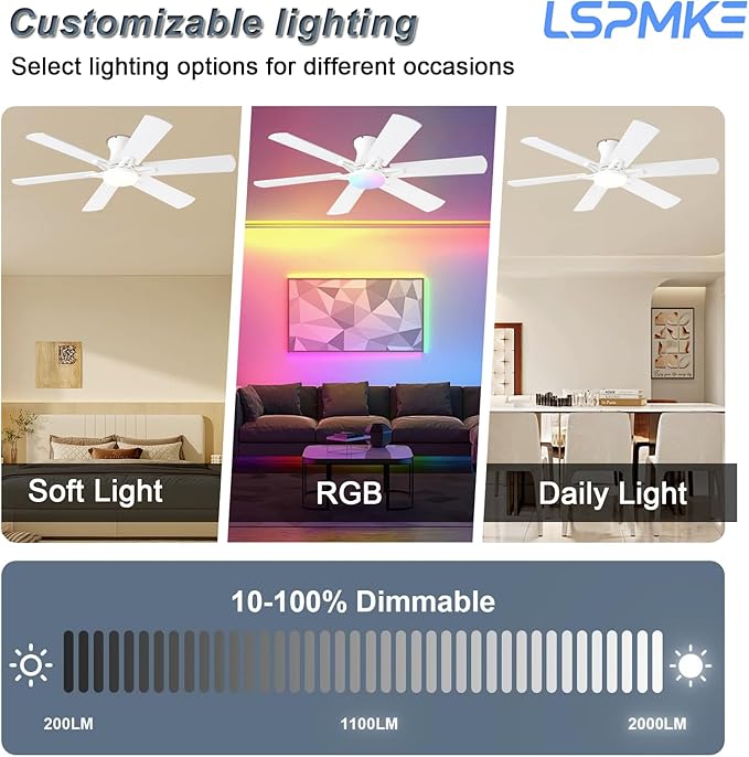 Ceiling Fans with Lights, 52" Flush Mount Ceiling Fan with Light and Remote, Quiet, Reversible, 3CCT, Dimmable, White, RGB, Low Profile Ceiling Fan for Bedroom, Living Room, Indoor/Outdoor Use