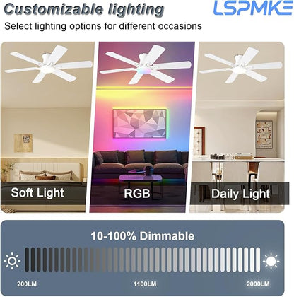 Ceiling Fans with Lights, 52" Flush Mount Ceiling Fan with Light and Remote, Quiet, Reversible, 3CCT, Dimmable, White, RGB, Low Profile Ceiling Fan for Bedroom, Living Room, Indoor/Outdoor Use