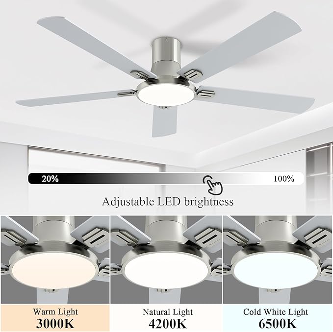 SNJ 60 Inch Brushed Nickel Ceiling Fans with Lights and Remote,Flush Mount Low Profile 5 Blades Ceiling Fan,Dimmable Quiet Reversible DC Motor for,Living Room,Bedroom and Patio