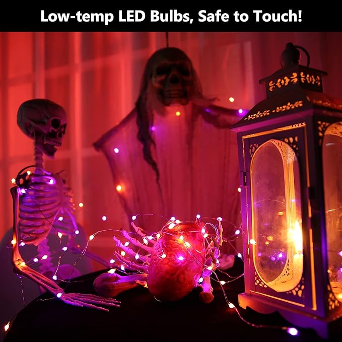 BrizLabs Purple & Orange Halloween Lights, 2 Pack 17.48ft 50 LED Halloween String Lights with Remote, 8 Modes Battery Purple & Orange Fairy Light Waterproof Twinkle Light for Outdoor Haunted Decor