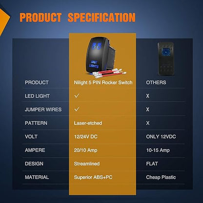 Nilight SPOT Lights Rocker Switch Led Light Bar Switch 5Pin Laser On/Off switches 20A/12V 10A/24V Switch with Jumper Wires Set for Cars,Trucks,RVs,2 Years Warranty