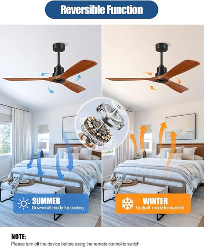 Ceiling Fans With Remote Control, Outdoor Ceiling Fan for Patios Indoor, 3 Downrods, 3 Blades, Timer, 6 Speed Reversible Quiet DC Motor Modern Fan Solid Wood Fan, 52in, Brown