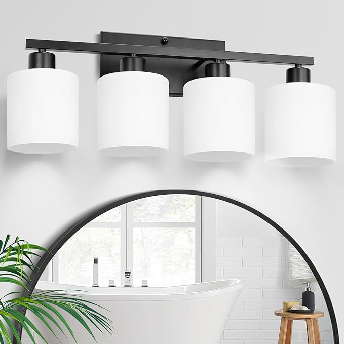 SILAMPDI Black Bathroom Light Fixtures Over Mirror, 4-Light Vanity Lights for Bathroom, Modern Wall Sconces Lighting for Bedroom Living Room, Milky White Glass Shades, E26 Base, Bulbs Not Included