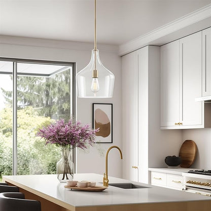 Kira Home Lucy 16" Modern Large Glass Pendant Light, Farmhouse Gold Hanging Light with Clear Vase Glass Shade, Cool Brass Finish