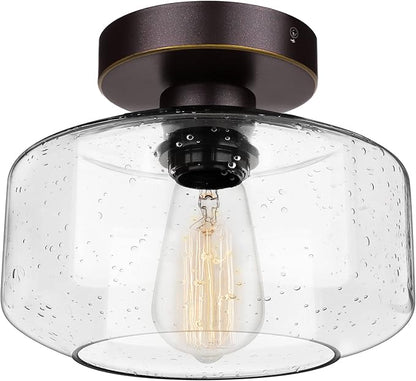 SunRider Industrial Semi-Flush Mount Ceiling Light Fixture, Seeded Glass Pendant Lamp Shade, Oil Rubbed Bronze Farmhouse Lights for Hallway Bedroom
