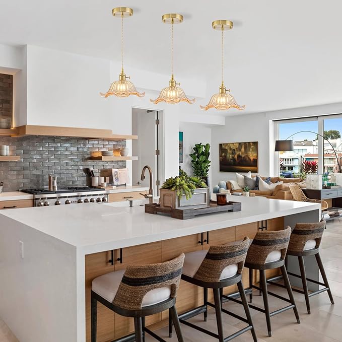 Vintage Pendant Lights Kitchen Island, Adjustable Brass Pendant Light Fixtures with Amber Lily Glass Lampshade, Gold Kitchen Pendant Lighting Over Island, Pendant Light for Dining Room Hallway