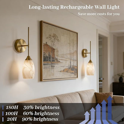 Alabaster Battery Operated Wall Sconces Set of 2, Gold Rechargeable Wireless Wall Sconces with Hand-Blown Glass, Remote Control, Magnetic Mount,Dimmable 3 colors for Bedroom Living Room Hallway