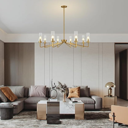 40" Brushed Gold Chandelier with Glass Shades, 8-Light Large Farmhouse Pendant Lights for Dining Room Living Room Bedroom Kitchen