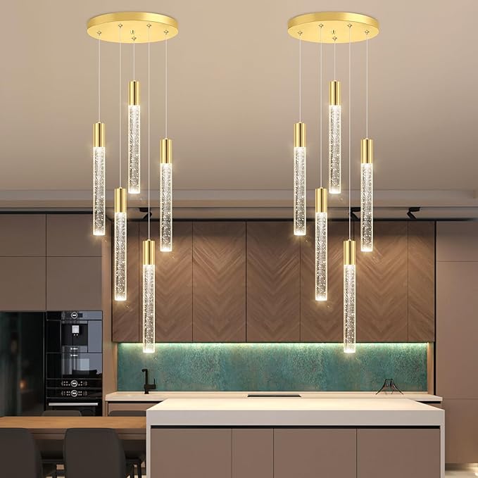 HAIXIANG 5-Lights Chandelier Modern Crystal Glam Light Remote Dimmable Pendant Lighting for Kitchen Island Dining Room Shiny Gold Light