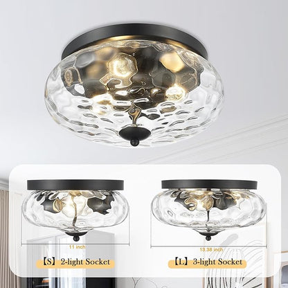 Darkaway Large Ceiling Light Fixtures, 3-Light Flush Mount Indoor Outdoor Ceiling Light with Water Ripple Glass Shade for Hallway Kitchen Bedroom Porch Living Room Black Finish