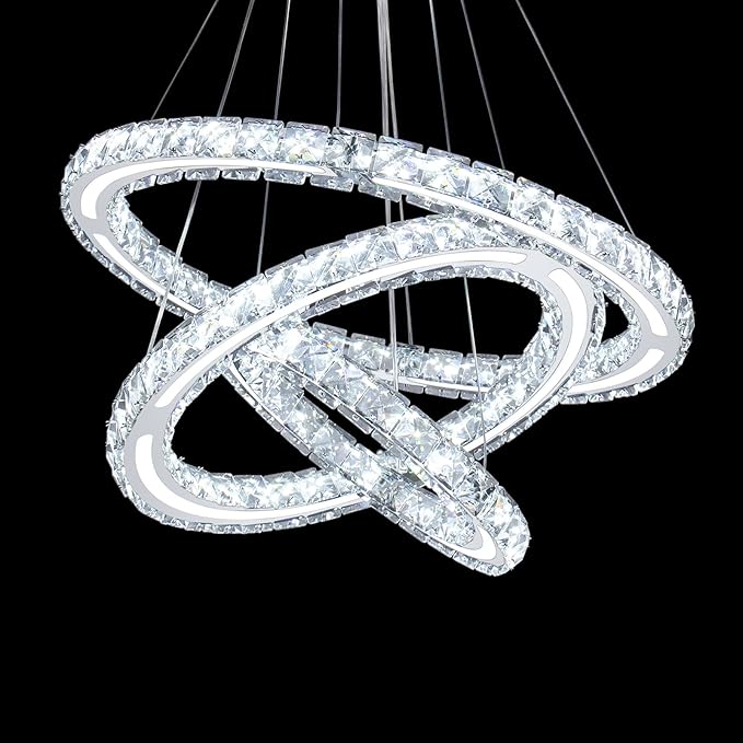 Modern Chandeliers Crystal Ceiling Light 3 Rings Dimmable LED Pendant Light Fixture Ceiling Hanging for Living Room Dining Room Bedroom Kitchen 250mm Base 209 Crystals(Dimmable)