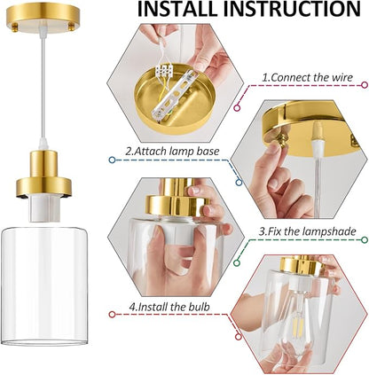 Industrial Pendant Lighting, Modern Clear Glass Shade Pendant Lights, Adjustable Hanging Light Fixtures, Farmhouse Pendant Lighting for Kitchen Island Living Room Bedroom Hallway 3-Pack (Gold)