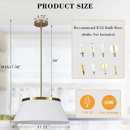 Modern Chandelier with White Fabric Shade Gold and Brass Finished Adjustable 4-Lights Pendant Lighting Fixture for Kitchen Island Dining Room and Restaurant