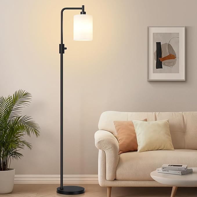 【Upgraded】Dimmable Floor Lamp for Living Room with Frosted White Glass Shade, Modern Industrial Floor Lamp with 900LM Bulb Included, Standing Tall Lamp for Bedroom, Office, Reading Room, Corner, Black