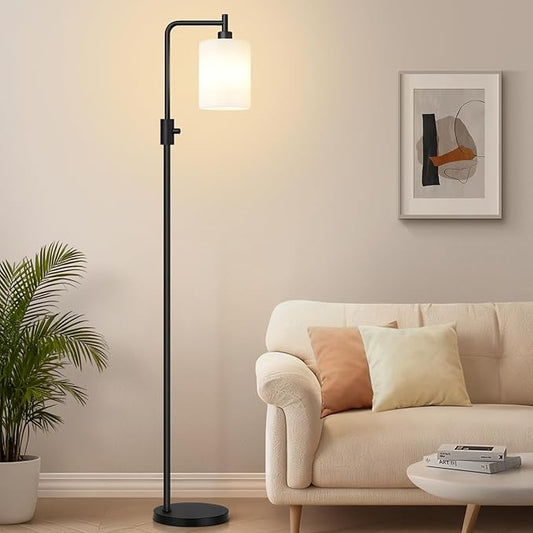 【Upgraded】Dimmable Floor Lamp for Living Room with Frosted White Glass Shade, Modern Industrial Floor Lamp with 900LM Bulb Included, Standing Tall Lamp for Bedroom, Office, Reading Room, Corner, Black