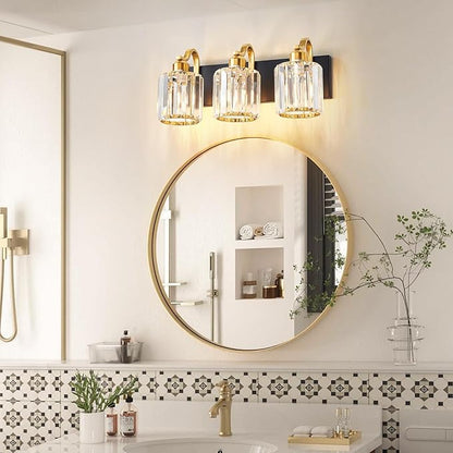 Modern Crystal Bathroom Vanity Lights, Black and Gold 3-Lights Bathroom Light Fixtures Over Mirror, Crystal Wall Lighting for Mirror Bedroom Living Room (Exclude Bulb)