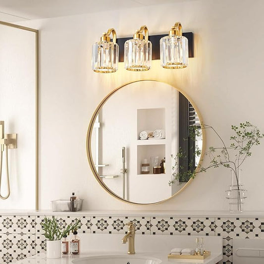 Modern Crystal Bathroom Vanity Lights, Black and Gold 3-Lights Bathroom Light Fixtures Over Mirror, Crystal Wall Lighting for Mirror Bedroom Living Room (Exclude Bulb)