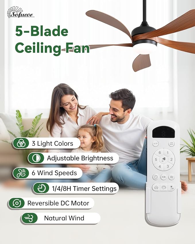 Sofucor 52 Inch Ceiling Fans with Lights and Remote, Outdoor Ceiling Fan with Light 6-Speed 3 CCT 3-Timer, Low Profile Ceiling Fan 5 Blade Reversible DC Motor for Living Room Bedroom Patio