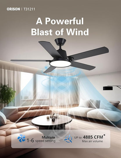 Orison Ceiling Fans with Lights, 52 inch Low Profile Ceiling Fan with RGB Backlight, Flush Mount Ceiling Fan with Remote and App Control,White Bedroom Fan, 6 Speeds, 5 Reversible Blades (Black)