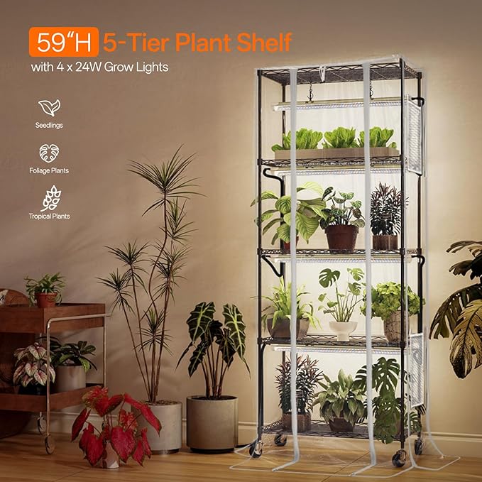 Bstrip Indoor Greenhouse with Grow Light, 5 Tier 23.5"x13.8"x59" Mini Greenhouse with 4 Pack 24W Full Spectrum Plant Lights & Timer, Plant Shelf with Cover for Indoor Plant, Seed Starting, Seed Tray