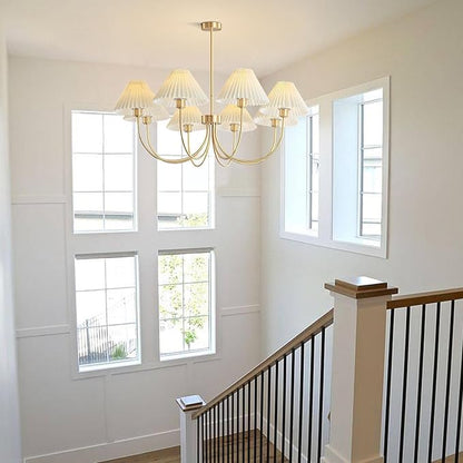 KCO Lighting Brushed Brass Sputnik Chandelier Gold Metal Chandelier with White Pleated Fabric Shades 8-Lights Ceiling Chandelier Light Fixture Mid Century Modern Chandelier
