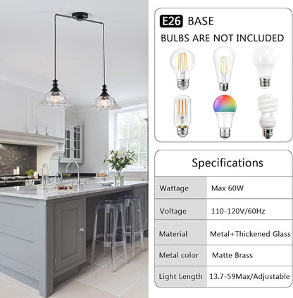 HDDFL 2 Light Pendant Light Fixtures Modern Glass Hanging Lights with Adjustable Cord for Kitchen Island Dining Room Living Room Hallway Black and Clear