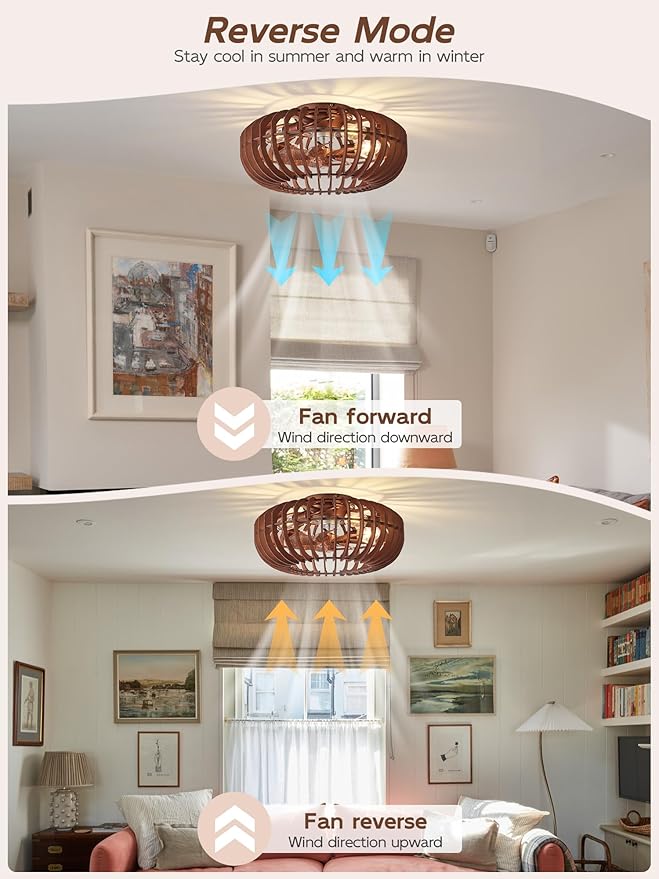 20" Wood Ceiling Fans with Lights Flush Mount, Caged Farmhouse Rustic Ceiling Fan with Light Remote Control, Wooden Low Profile for Bedroom, Living Room, Nursery