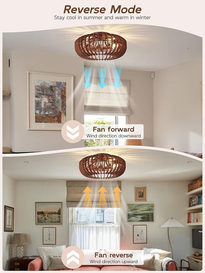 20" Wood Ceiling Fans with Lights Flush Mount, Caged Farmhouse Rustic Ceiling Fan with Light Remote Control, Wooden Low Profile for Bedroom, Living Room, Nursery