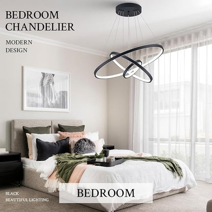 3 Ring Modern LED Chandelier Black Dimmable Round Chandeliers, LED Circular Pendant Light Fixture with Remote Control for Living Room, Dining Room, Office, Entry, Bedroom