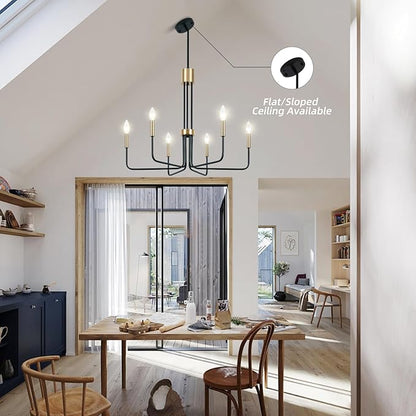 Modern Black and Gold Chandelier,6-Light Farmhouse Chandelier for Dining Room Light Fixtures Ceiling Hanging Industrial Chandelier Light Fixture for Kitchen Living Room Bedroom Entryway