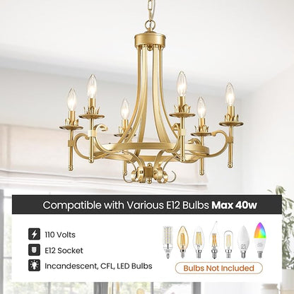 Modern Gold Candle Chandelier, 6-Light Farmhouse Chandeliers for Dining Room Lighting Fixtures Hanging, Dining Light Fixtures Iron Metal Pendant Light Fixture for Bedroom Living Room Kitchen Foyer
