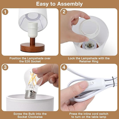 Fenmzee Small Table Lamp for Bedroom - Inline Control, Bedside Lamp with 3000K A15 LED Blub, Easy Assembly (White Shade - Walnut Base, 9" Inline Control)